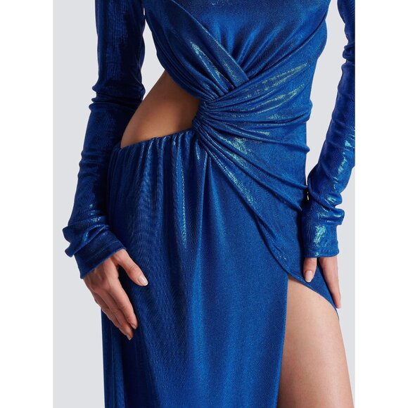 Balmain Womens Draped Laminated Jersey Long Dress in Bleu Electric 38 New Gown - Picture 13 of 16